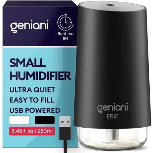 GENIANI Portable Small Cool Mist Humidifiers - Desktop Humidifier for Plants, Office, Car, Baby Room with Auto Shut Off & Night Light (White, 0.25L, USB)