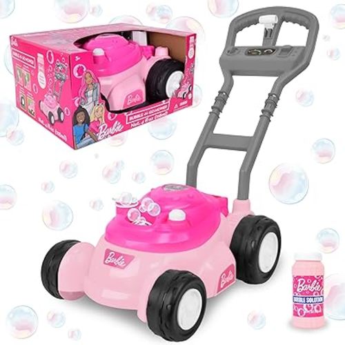 Barbie Bubble Lawn Mower for Toddlers, Bubble Blowing Machines, Indoor and Outdoor Gardening Toy, Birthday, Party Favor for Preschool Girls No Batteries, Includes Bubble Solution, 2+