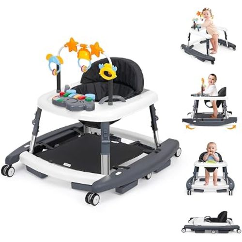 5-in-1 Music and Lights Foldable Baby Walker, Baby Walker with Wheels and Bouncer Combo Portable with 5 Adjustable Heights, Infant Toddler Walker for Baby Boy Girls 6-18 Months(Grey)