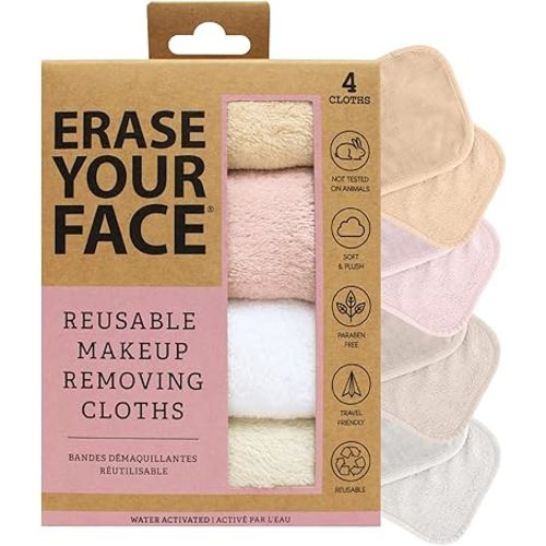 ERASE YOUR FACE Makeup Remover Cloths - Reusable Microfiber Face Towels to Cleanse & Remove Makeup - Water Activated, Dual-Sided Design for Easy Use, Great Bachelorette & Bridesmaid Gift (4 Count)