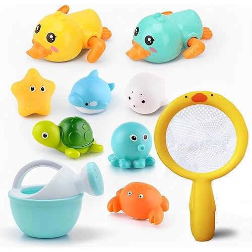 Bath Toys for Babies 6-12 Months+, Wind-up Ducks Bath Toys for Kids Ages 1-3, No Hole Ocean Animal Floating Pool Toys, Watering Can Fishing Net Water Toys for Toddlers