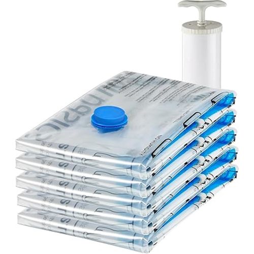 Amazon Basics Vacuum Compression Zipper Storage Bags With Hand Pump, Medium, Clear, 5-Pack, White, Sky Blue