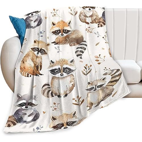 Cute Raccoon Blanket Baby Watercolor Raccoon Decor Throw Blanket Gifts for Girls Boys Raccoon Lover Couch Bedding Warm Soft Plush Lightweight Fleece Flannel Blanket for Kids Adults Men Women 50"X40"