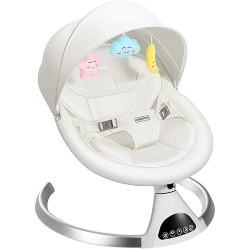 HARPPA Electric Baby Swing for Infants to Toddler, Portable Babies Swinger for Newborn Boy and Girls with 5 Swing Speed, Remote Control Music Speaker with 12 Lullabies Enabled Bluetooth (White)