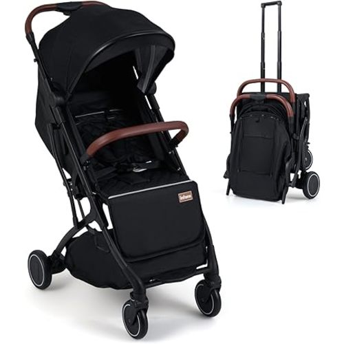 INFANS Travel Stroller, Lightweight Compact Baby Stroller for Airplane with One-Hand Fold, Multi-Position Recline, Canopy, 4 Wheel Suspension, Storage Basket (Black+Black)