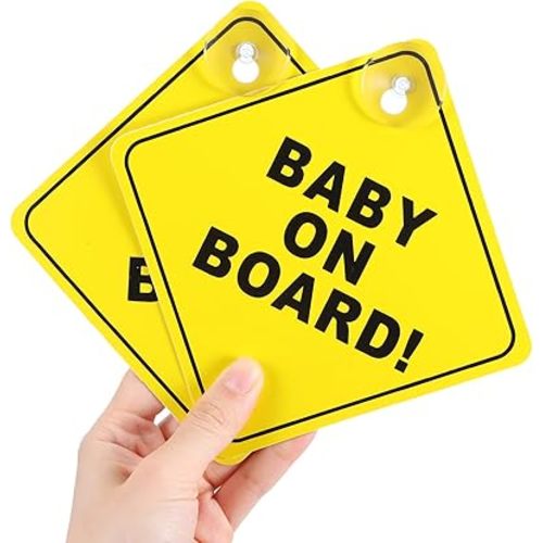 Baby on Board Signs for Car, 2 Pcs 5"x5" Baby on Board Decal Safety Car Sign with Double Suction Cups Bright Yellow Reusable Car Warning Signs Durable Baby on Board Sticker for Car