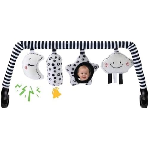 Baby Bouncer Toy Bar Soft with 4 Hanging Sensory Toys Attachment, Compatible with Baby Bjorn Bouncer, with Mirror, Rattle, Crinkle Sound for Babies All Ages (Black and White Shapes)