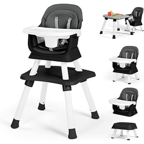 Kinder King 8 in 1 Baby High Chair, Coverts to Dining Booster Seat/Kids Table & Chair Set/Toddler Building Block Table/Kids Stool, Removable Tray & Double Seat Cover, Easy to Wipe, Grey & Black
