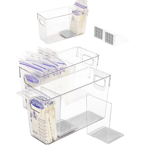 Breastmilk Storage Container with L Shaped Separator Boards, Dividers Will Flatten Standing Breast Milk Bags in Organizer Bins Save Refrigerator Space | 2 Containers Plus 4 Gray Removable Dividers