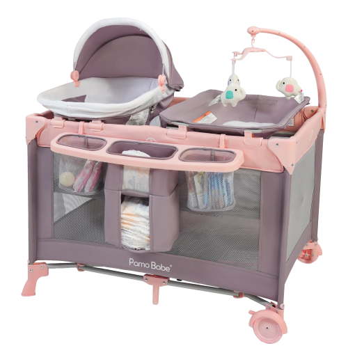 Pamo Babe Nursery Center Playard with Bassinet & Changing Table for Newborn,4-Panels Playpen