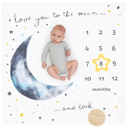 Pondering Pine Organic Baby Moon Milestone Blanket - Boy or Girl - Love You to The Moon and Back - Stars, 1-12 Months, 47'x47'