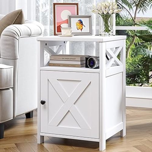 Farmhouse Nightstand with Charging Station and Barn Door, Bedside Table with Open Compartment and Storage, Side End Table for Bedroom, White