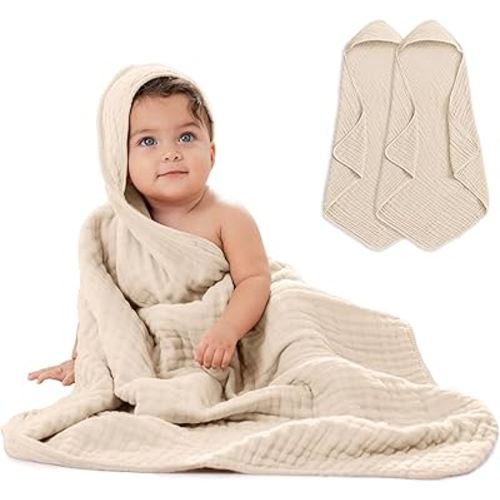 Comfy Cubs 2 Pack Baby Hooded 9 Layer Muslin Cotton Towel for Kids, Large 32” x 32”, Ultra Soft, Warm, and Absorbent. Baby Essentials Bath Towels, Cute Unisex Cover for Girls and Boys (2 Pack, Sand)