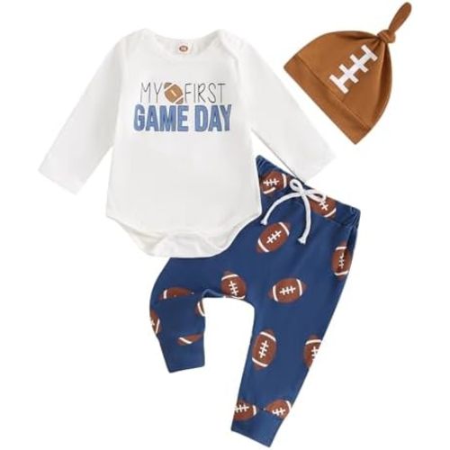 Newborn Baby Boy Football Outfit My First Game Day Romper and Long Pants with Hat 3Pcs Fall Clothes