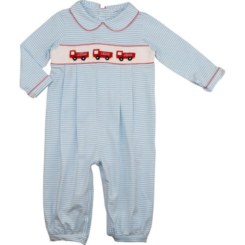 Blue Stripe Knit Smocked Firetruck Long Romper - Cecil and Lou