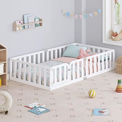 Spirich Twin Size Kids Floor Bed Frame with Fence and Door, Solid Wood Montessori Floor Bed for Kids with Safety Guardrails, Twin Bed Frame for Boys and Girls, White