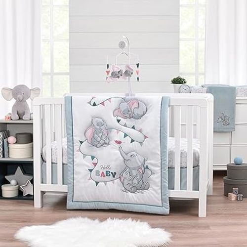 Disney Dumbo Hello Baby Grey and White Circus Banner 3 Piece Nursery Crib Bedding Set - Comforter, Fitted Crib Sheet, and Crib Skirt
