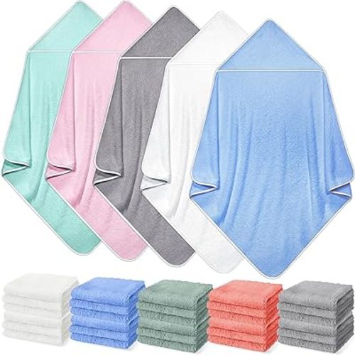 Buryeah 5 Pcs Baby Bath Towel and 15 Count Baby Washcloths Sets, Hooded Towels for Newborns Infants and Toddlers Soft Coral Fleece Toddler for Newborn Boy Girl(Colorful)