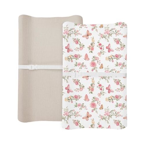 Changing Pad Cover for Baby Boy Girl 2 Pack, Muslin Changing Table Pad Covers with Boho Style, Neutral Nursery Bedding Essentials Soft and Breathable (Butterfly & Beige)