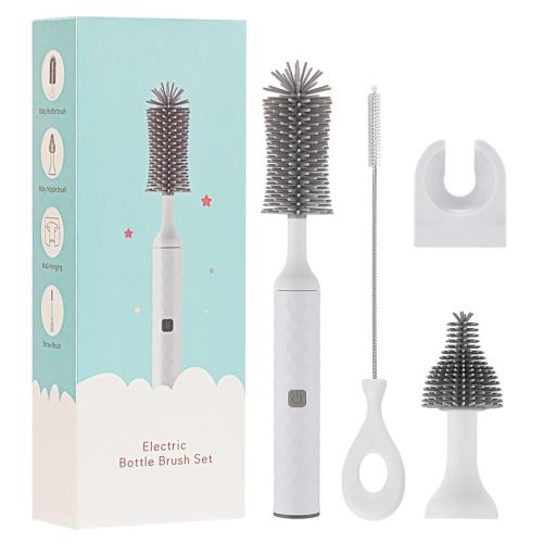 Bottle Brush Cleaner Electric with Electric Brush,Silicone Baby Bottle/Nipple Brush Replacement,Straw Cleaner Brush, Wall Mount,Rechargeable&Waterproof Water Bottle Cleaner Brush, White