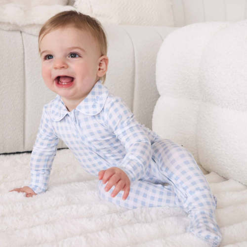 Peter Pan Collar Zipper Footie | Dusty Blue Gingham