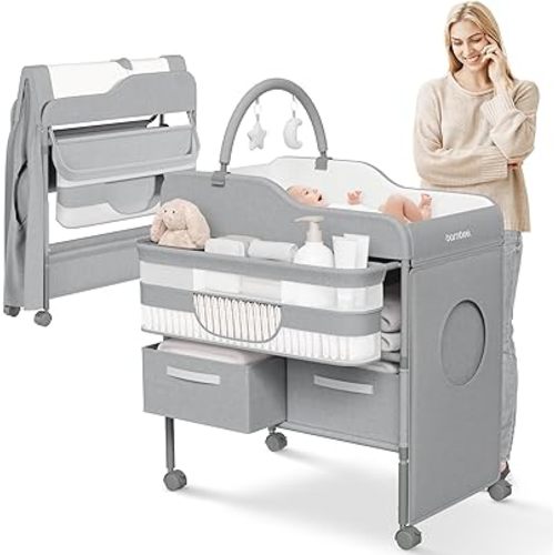 Luxury Baby Changing Table with Wheels - Modern Dresser Changing Tables w/Hanging Toys, Laundry Bag, Changing Table Organizer Boxes - Folding Waterproof Baby Diaper Changing Station for Nursery Room