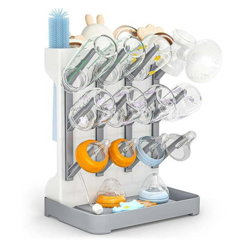 Baby Bottle Drying Rack - Large Vertical Bottle Dryer Rack Holder for 12 Bottles- Space Saving Countertop Drying Rack Baby Accessory for Baby Bottles and Pump Parts (Gray)
