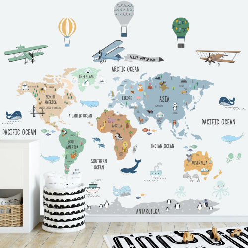 World Map Wall Decal for Kids, Animal World Map Sticker, Nursery World Map Decal, World Map Murals, World Map Decor, Peel Stick Wall Decal