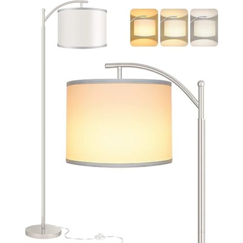 ROTTOGOON Floor Lamp for Living Room with 3 Color Temperatures LED Bulb, Standing Lamp Tall Industrial Floor Lamp Reading for Bedroom, Office (9W LED Bulb, White Lampshade Included) -Silver