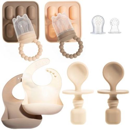 Baby Feeding Set - Fruit Feeders, Silicone Bibs & Baby Spoons For Self-feeding- First Stage Baby Must-haves, Gum-friendly, Bpa-free, Easy To Clean