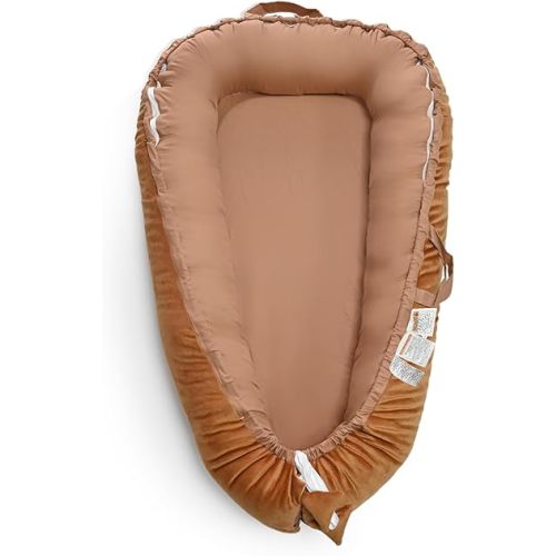 Infant Lounger - Baby Lounger for Newborn,Dutch Velvet Surface & 100% Cotton 0-24 Months Breathable Soft Baby Nest,Adjustable Portable Infant Lounger Cover,Crib for Home & Travel,Brown