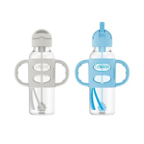 Dr. Brown's 8oz Milestones Narrow Sippy Straw Bottle With Silicone Handles - 2pk - 6m+ - Blue & Gray