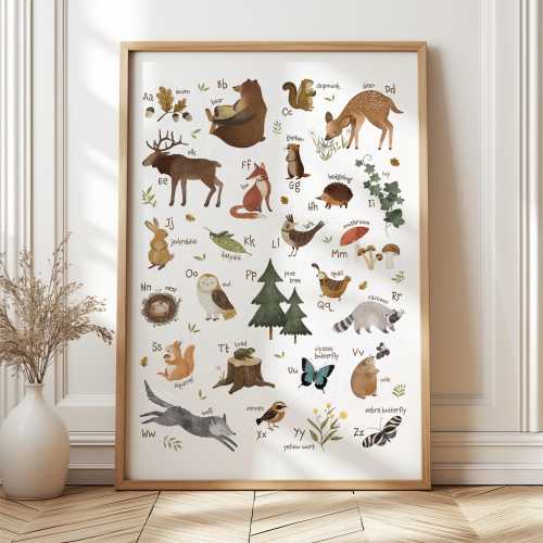 Woodland Themed Nursery Alphabet Print with Forest Animals, Educational Kids Posters, Montessori Wall Art