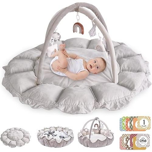 5-in-1 Convertible Baby Play Gym with 6 Toys, Tummy Time Mat for Sensory Development, Baby Activity Center from Newborn to Toddler, Ball Pit, Cat & Dog Bed, Soft Plush Pet Bed, No Ball Included