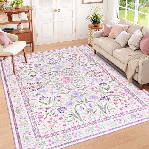 Wondo 4x6 Ft Purple Floral Area Rug - Machine Washable Low Pile Non-Slip Carpet, Boho Vintage Farmhouse Decor for Living Room, Bedroom, Nursery & Office