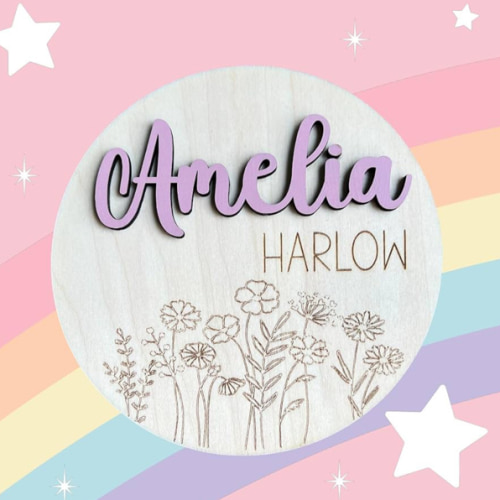 Personalized Baby Girl Floral Engraved Birth Announcement Name Sign, Baby Name Reveal, Sign for Hospital, Newborn Photo Prop, 19 Font Options, 30 Colors (Name Sign)