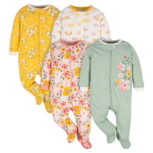 Gerber Baby Girls' 4-Pack Sleep 'N Play With Mitten Cuffs, Clouds, Newborn