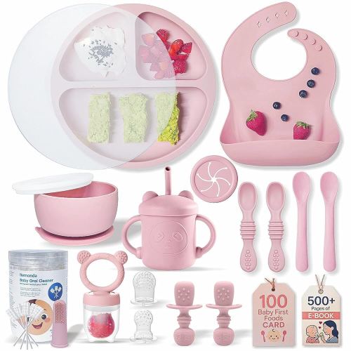 BPA-Free Silicone Baby Feeding Set | Extra Large Suction Plates, Toddler Bowls, Self Feeding Spoons, and More | Dishwasher Safe| Baby Led Weaning Supplies (Pink)