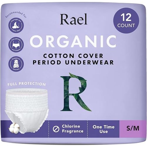 Rael Disposable Underwear for Women, Organic Cotton Cover - Incontinence Pads, Postpartum Essentials, Disposable Underwear, Unscented, Maximum Coverage (Size S-M, 12 Count)
