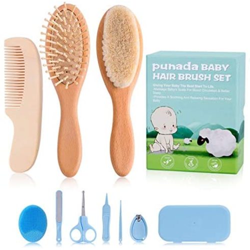 Baby Hair Brush and Comb Set for Newborn, Natural Wooden Baby Hair Brush Set for Toddlers, Baby Brush with Soft Goat Bristles for Cradle Cap, Perfect Scalp Grooming Massage for Baby Registry Gift