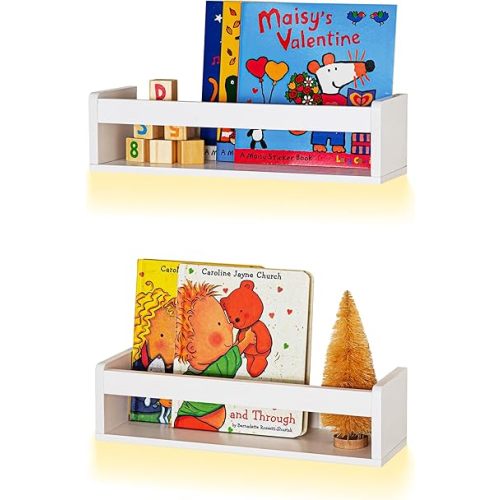 PIERRI Nursery Book Shelves - Wooden Wall Shelves with LED Light for Books, Decor and Storage, Bookshelf for Baby Room, Living Room, and Small Spaces, Floating Wall-Mounted Storage Rack - (Pack of 2)
