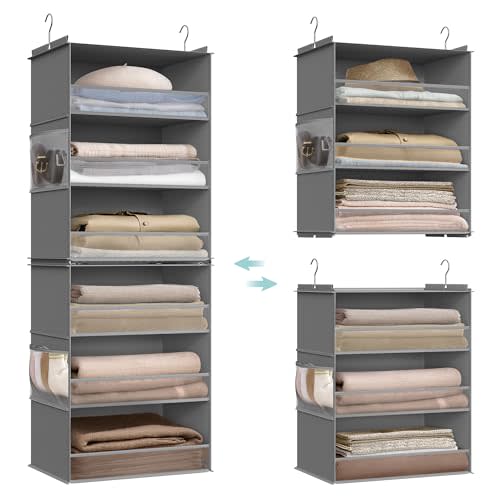SONGMICS Hanging Closet Organizer, 6-Tier Fabric Storage Shelf, Separable Closet Hanging Shelf with Side Pockets, Foldable, Metal Hooks and Bamboo Inserts, Dove Gray URCH007G01