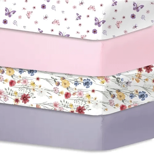 bimocosy Fitted Crib Sheets Girl Boy 4 Pack, Size 28"x 52" for Standard Crib and Toddler Mattresses, Super Soft Breathable Microfiber Baby Crib Mattress Sheet, Butterfly/Floral/Pink/Purple