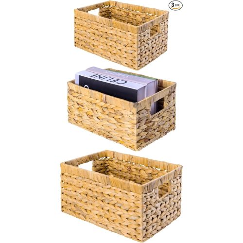 M4DECOR Set of 3 Wicker Storage Basket, Water Hyacinth Storage Baskets, Wicker Storage Baskets for Shelves, Wicker Baskets for Storage, Woven Baskets for Storage (Natural Set 3 Sizes SML)