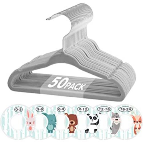Baby Hangers, VIS'V 11 Inch Gray Velvet Kids Hangers with 6 Pcs Size Dividers Non Slip Nursery Children Closet Clothes Hangers for Infant Toddler Girls and Boys - 50 Pack