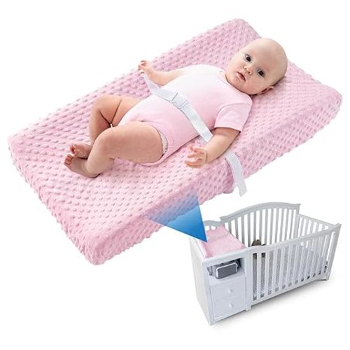 LOONAH Compact Small Changing Pad with Cover - 27" X 16" Contoured Baby Diaper Changing Pad for Combo Crib with Changing Table-Waterproof & Hypoallergenic, Safety Strap with Quick-Release Buckle-Grey