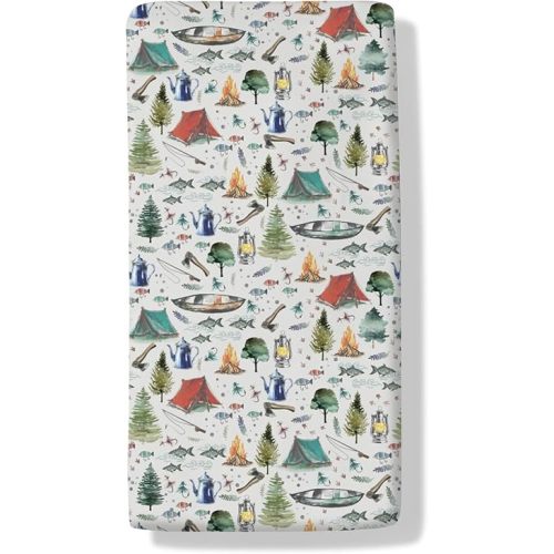 Watercolor Lake Camping Fishing Baby Crib Sheets Vintage Camp Trees Boats Fishes Baby Sheet Wild Outdoor Adventure Fitted Crib Mattress Cover for Standard Crib Toddler Mattress 28"x52"