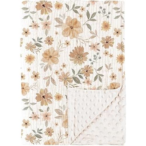 Konssy Baby Blankets for Unisex Boys Girls, Super Soft Nursery Minky Blankets with Muslin Cotton Front and Dotted Fleece Backing, Printed Bed Throws Newborn