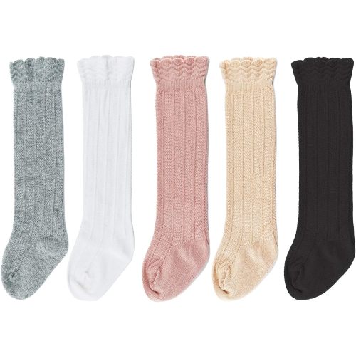Bestjybt Baby Girls Boys Knee High Socks Cotton Newborn Infants Toddlers Cable Knit Tube Ruffled Stockings, 5 Pairs - 3-12 Months - Multicolor