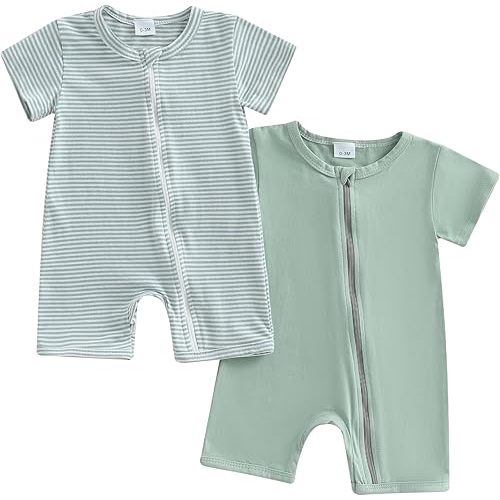 Merqwadd Baby Boy Girl 2 Pack Romper Short Sleeve Zipper Jumpsuit Plain Summer Clothes
